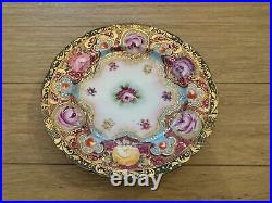 Antique Japanese Nippon Porcelain Set of 6 Plates with Painted Flowers & Gold Dec