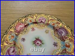 Antique Japanese Nippon Porcelain Set of 6 Plates with Painted Flowers & Gold Dec