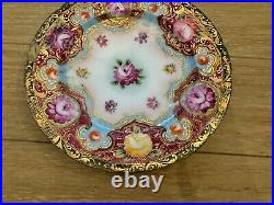 Antique Japanese Nippon Porcelain Set of 6 Plates with Painted Flowers & Gold Dec