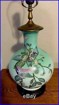 Antique Japanese Porcelain LAMP H-P Birds Floral Wooden Base Gold BEAUTY