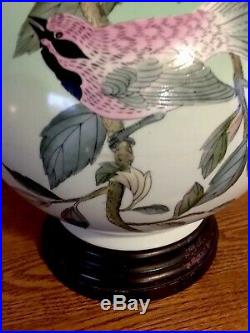 Antique Japanese Porcelain LAMP H-P Birds Floral Wooden Base Gold BEAUTY