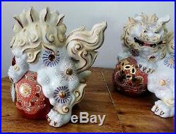 Antique Japanese Porcelain Lion Foo Dogs Figurines gold trim thick mold -11