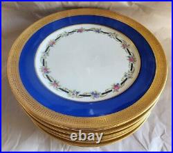 Antique Lenox China Dinner Plates SET of 8 GOLD ENCRUSTED Flowers Blue Boarder