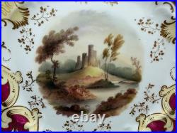 Antique Likely English Porcelain Plate Red & Gold Painted Landscape & Castle Dec