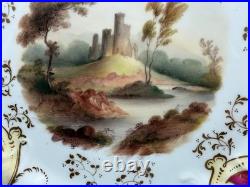 Antique Likely English Porcelain Plate Red & Gold Painted Landscape & Castle Dec