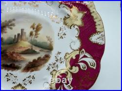 Antique Likely English Porcelain Plate Red & Gold Painted Landscape & Castle Dec