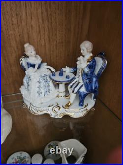 Antique Limoges Blue White Gold Porcelain Fine China Man Woman Drinking Tea