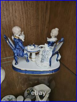 Antique Limoges Blue White Gold Porcelain Fine China Man Woman Drinking Tea