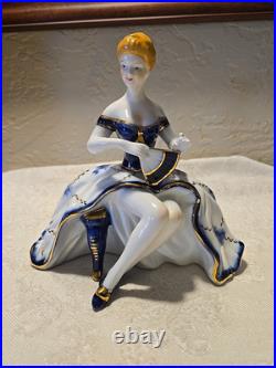 Antique Limoges Blue White Gold Porcelain Seated Lady Figurine Fan China