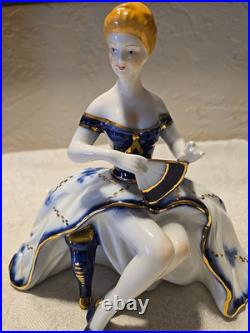 Antique Limoges Blue White Gold Porcelain Seated Lady Figurine Fan China