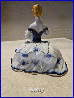 Antique Limoges Blue White Gold Porcelain Seated Lady Figurine Fan China