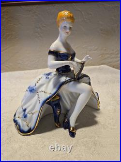 Antique Limoges Blue White Gold Porcelain Seated Lady Figurine Fan China