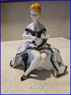 Antique Limoges Blue White Gold Porcelain Seated Lady Figurine Fan China