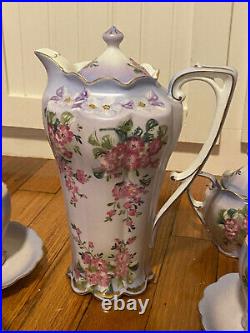 Antique Limoges China Porcelain Lavender Floral Gold Tea Coffee Service Set of 6