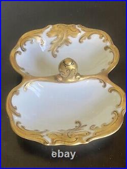 Antique Malowane Porcelain Divided Gold Gilded Serving Dish 4.75 Long #162