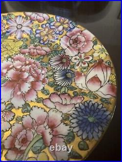 Antique Milleflori Gold Porcelain Plate Pink Yellow Blue Stamped
