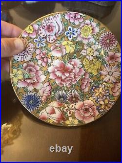 Antique Milleflori Gold Porcelain Plate Pink Yellow Blue Stamped
