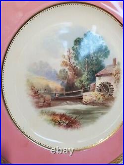 Antique Minton China Cabinet Plate Hand Painted Water Mill Scene Pink Gold 1878