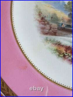 Antique Minton China Cabinet Plate Hand Painted Water Mill Scene Pink Gold 1878
