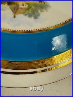 Antique Minton Porcelain Compote Blue Gold & Painted Landscape Scenes Decoration