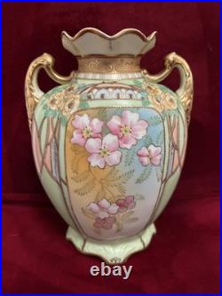 Antique Nippon Hand Painted Gold Gilded Footed Vase Floral Pattern 8.5''H