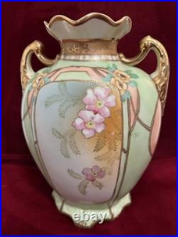 Antique Nippon Hand Painted Gold Gilded Footed Vase Floral Pattern 8.5''H