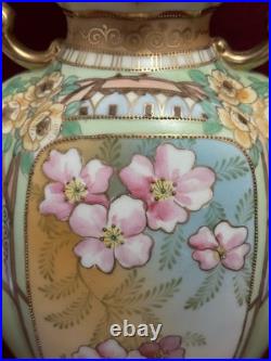 Antique Nippon Hand Painted Gold Gilded Footed Vase Floral Pattern 8.5''H