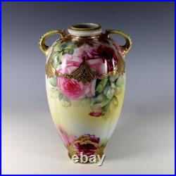 Antique Nippon Hand Painted Moriage Maple Leaf Mark Gold Floral Vase 10.5 Japan