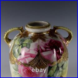 Antique Nippon Hand Painted Moriage Maple Leaf Mark Gold Floral Vase 10.5 Japan
