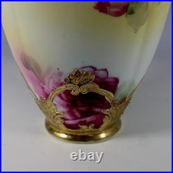 Antique Nippon Hand Painted Moriage Maple Leaf Mark Gold Floral Vase 10.5 Japan