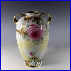 Antique Nippon Hand Painted Moriage Maple Leaf Mark Gold Floral Vase 10.5 Japan