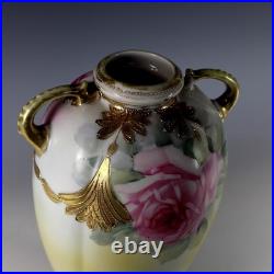 Antique Nippon Hand Painted Moriage Maple Leaf Mark Gold Floral Vase 10.5 Japan
