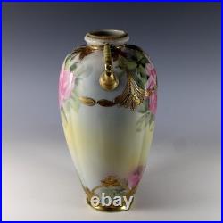 Antique Nippon Hand Painted Moriage Maple Leaf Mark Gold Floral Vase 10.5 Japan