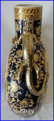 Antique Pair of Chinese Famille Rose Moon Flask Vases with Golden Dragon Handles