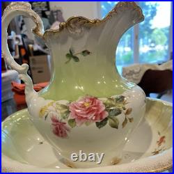 Antique Pistachio White Floral Porcelain Wash Stand Set Pitcher & Bowl