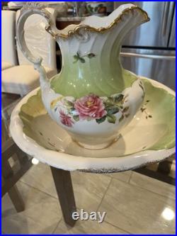 Antique Pistachio White Floral Porcelain Wash Stand Set Pitcher & Bowl