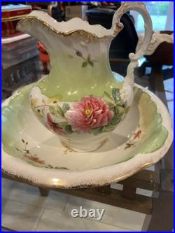 Antique Pistachio White Floral Porcelain Wash Stand Set Pitcher & Bowl