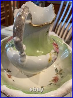 Antique Pistachio White Floral Porcelain Wash Stand Set Pitcher & Bowl