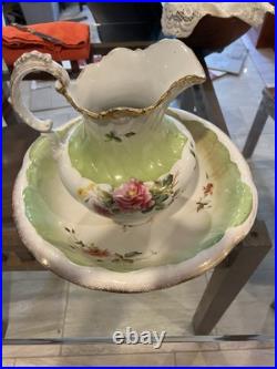 Antique Pistachio White Floral Porcelain Wash Stand Set Pitcher & Bowl