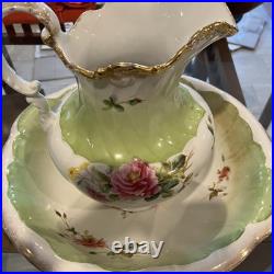 Antique Pistachio White Floral Porcelain Wash Stand Set Pitcher & Bowl