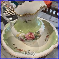 Antique Pistachio White Floral Porcelain Wash Stand Set Pitcher & Bowl