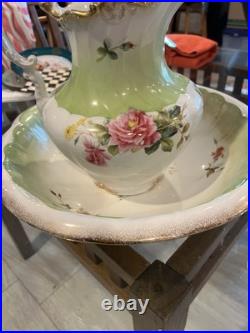 Antique Pistachio White Floral Porcelain Wash Stand Set Pitcher & Bowl