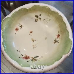 Antique Pistachio White Floral Porcelain Wash Stand Set Pitcher & Bowl