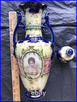 Antique Porcelain China Vase Urn Decanter Two Handles Lid Gilt Gold Trim Moriage