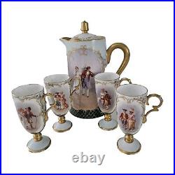 Antique Porcelain Chocolate Set Pitcher Cups Hand Painted Gold Trim 1905 Couple