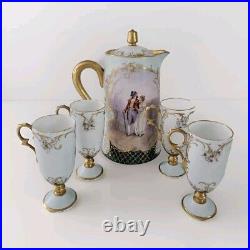 Antique Porcelain Chocolate Set Pitcher Cups Hand Painted Gold Trim 1905 Couple