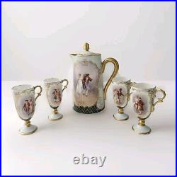 Antique Porcelain Chocolate Set Pitcher Cups Hand Painted Gold Trim 1905 Couple