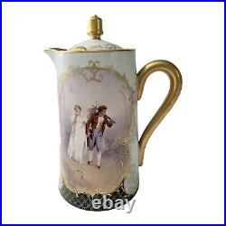 Antique Porcelain Chocolate Set Pitcher Cups Hand Painted Gold Trim 1905 Couple