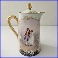 Antique Porcelain Chocolate Set Pitcher Cups Hand Painted Gold Trim 1905 Couple