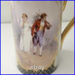 Antique Porcelain Chocolate Set Pitcher Cups Hand Painted Gold Trim 1905 Couple